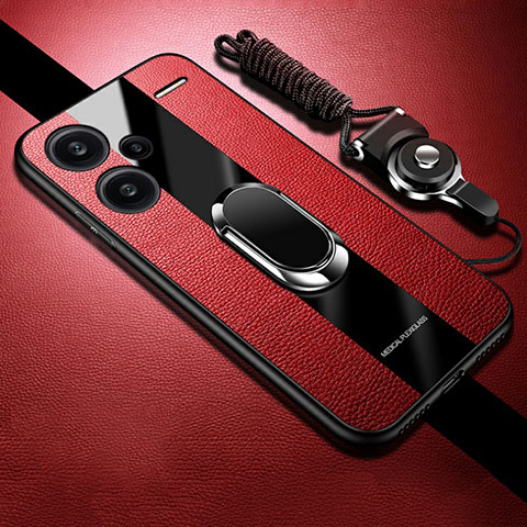 Coque Silicone Gel Motif Cuir Housse Etui avec Support Bague Anneau Aimante Magnetique PB1 pour Xiaomi Redmi Note 13 Pro+ Plus 5G Rouge