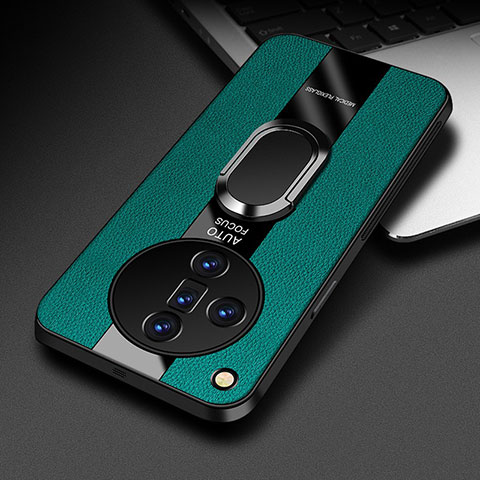 Coque Silicone Gel Motif Cuir Housse Etui avec Support Bague Anneau Aimante Magnetique PB2 pour Oppo Find X7 Ultra 5G Vert