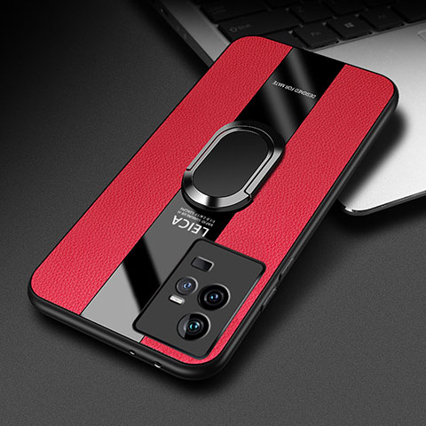 Coque Silicone Gel Motif Cuir Housse Etui avec Support Bague Anneau Aimante Magnetique PB2 pour Vivo iQOO 11 Pro 5G Rouge