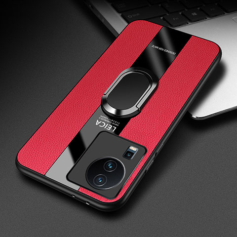 Coque Silicone Gel Motif Cuir Housse Etui avec Support Bague Anneau Aimante Magnetique PB2 pour Vivo iQOO Neo7 SE Rouge