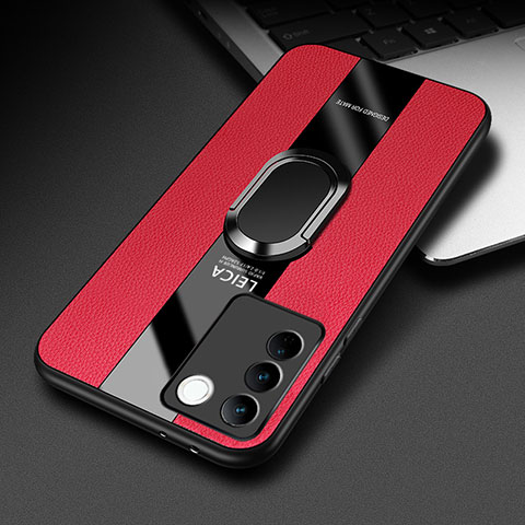 Coque Silicone Gel Motif Cuir Housse Etui avec Support Bague Anneau Aimante Magnetique PB2 pour Vivo V27 5G Rouge