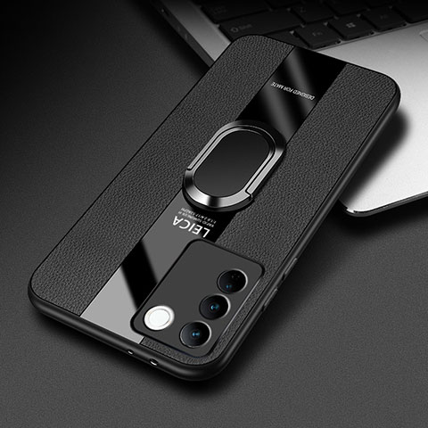 Coque Silicone Gel Motif Cuir Housse Etui avec Support Bague Anneau Aimante Magnetique PB2 pour Vivo V27 Pro 5G Noir