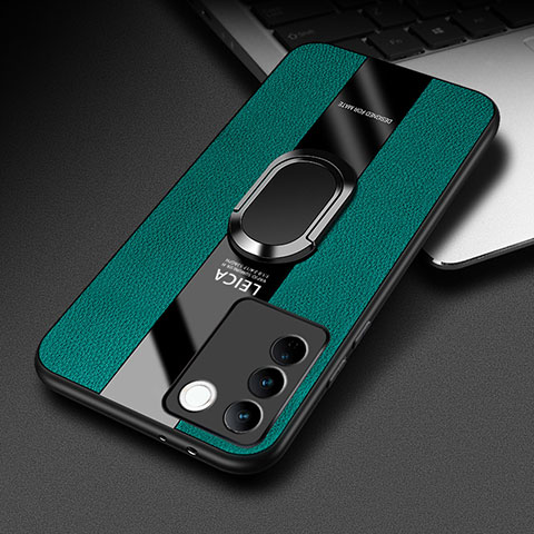 Coque Silicone Gel Motif Cuir Housse Etui avec Support Bague Anneau Aimante Magnetique PB2 pour Vivo V27 Pro 5G Vert