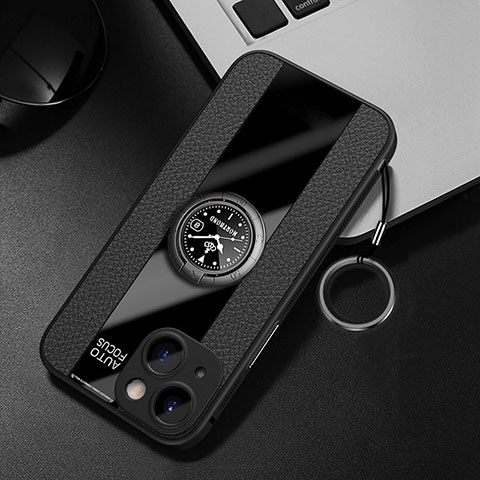 Coque Silicone Gel Motif Cuir Housse Etui avec Support Bague Anneau Aimante Magnetique pour Apple iPhone 14 Plus Noir