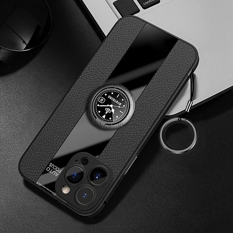 Coque Silicone Gel Motif Cuir Housse Etui avec Support Bague Anneau Aimante Magnetique pour Apple iPhone 14 Pro Noir