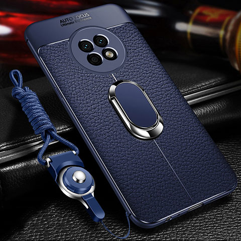 Coque Silicone Gel Motif Cuir Housse Etui avec Support Bague Anneau Aimante Magnetique pour Huawei Enjoy 20 Plus 5G Bleu