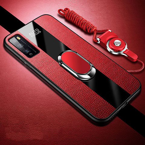 Coque Silicone Gel Motif Cuir Housse Etui avec Support Bague Anneau Aimante Magnetique pour Huawei Enjoy 20 Pro 5G Rouge