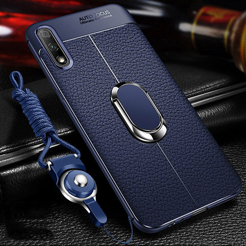 Coque Silicone Gel Motif Cuir Housse Etui avec Support Bague Anneau Aimante Magnetique pour Huawei Honor 9X Bleu