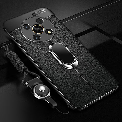 Coque Silicone Gel Motif Cuir Housse Etui avec Support Bague Anneau Aimante Magnetique pour Huawei Honor Magic4 Lite 5G Noir