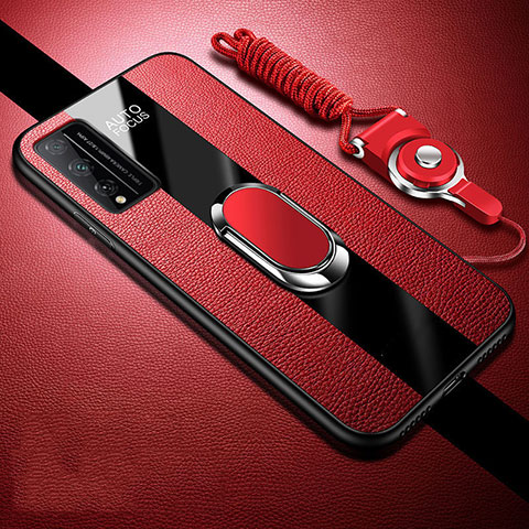 Coque Silicone Gel Motif Cuir Housse Etui avec Support Bague Anneau Aimante Magnetique pour Huawei Honor Play4T Pro Rouge