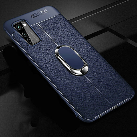 Coque Silicone Gel Motif Cuir Housse Etui avec Support Bague Anneau Aimante Magnetique pour Huawei Honor V30 Pro 5G Bleu