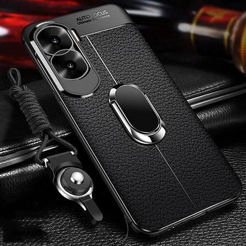 Coque Silicone Gel Motif Cuir Housse Etui avec Support Bague Anneau Aimante Magnetique pour Huawei Honor X50i 5G Noir