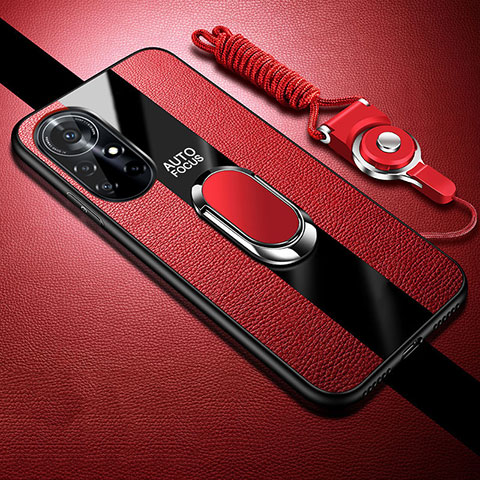 Coque Silicone Gel Motif Cuir Housse Etui avec Support Bague Anneau Aimante Magnetique pour Huawei Nova 8 Pro 5G Rouge