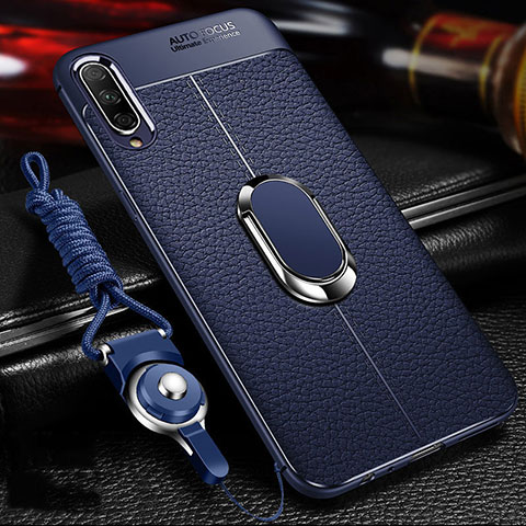 Coque Silicone Gel Motif Cuir Housse Etui avec Support Bague Anneau Aimante Magnetique pour Huawei P Smart Pro (2019) Bleu