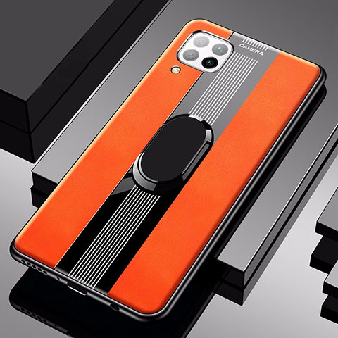 Coque Silicone Gel Motif Cuir Housse Etui avec Support Bague Anneau Aimante Magnetique pour Huawei P40 Lite Orange