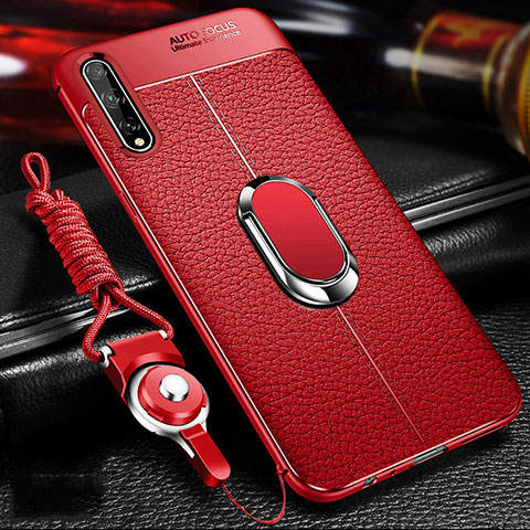 Coque Silicone Gel Motif Cuir Housse Etui avec Support Bague Anneau Aimante Magnetique pour Huawei Y8p Rouge