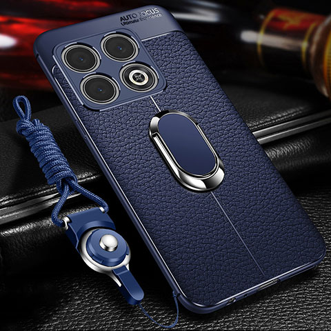 Coque Silicone Gel Motif Cuir Housse Etui avec Support Bague Anneau Aimante Magnetique pour OnePlus 10 Pro 5G Bleu