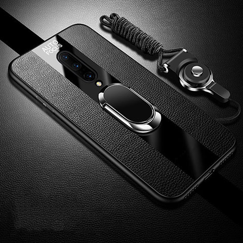 Coque Silicone Gel Motif Cuir Housse Etui avec Support Bague Anneau Aimante Magnetique pour OnePlus 8 Noir