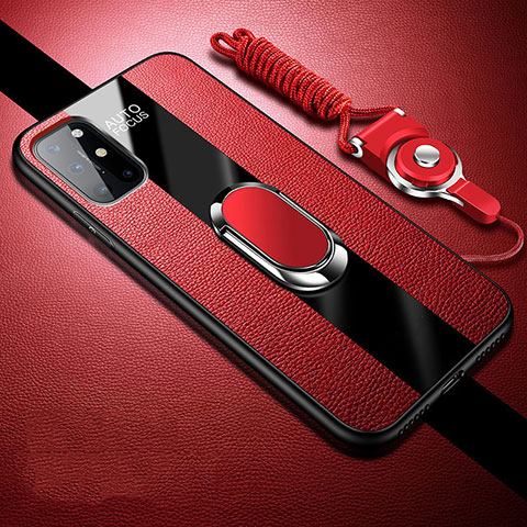 Coque Silicone Gel Motif Cuir Housse Etui avec Support Bague Anneau Aimante Magnetique pour OnePlus 8T 5G Rouge