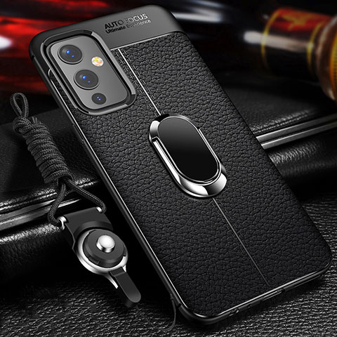 Coque Silicone Gel Motif Cuir Housse Etui avec Support Bague Anneau Aimante Magnetique pour OnePlus 9 5G Noir