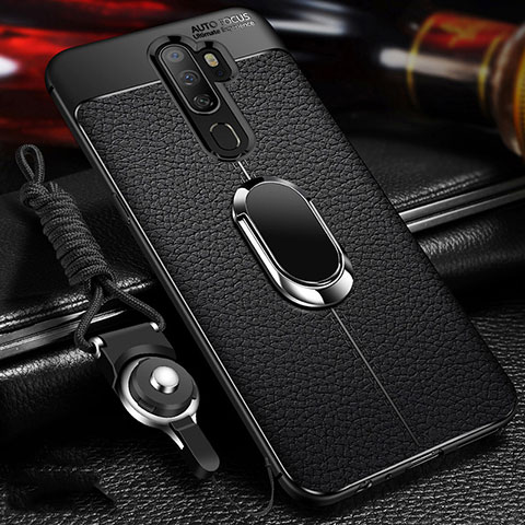 Coque Silicone Gel Motif Cuir Housse Etui avec Support Bague Anneau Aimante Magnetique pour Oppo A11 Noir