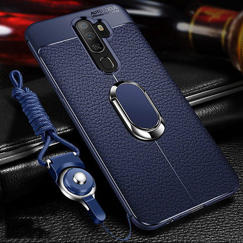 Coque Silicone Gel Motif Cuir Housse Etui avec Support Bague Anneau Aimante Magnetique pour Oppo A11X Bleu