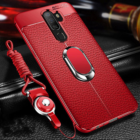 Coque Silicone Gel Motif Cuir Housse Etui avec Support Bague Anneau Aimante Magnetique pour Oppo A11X Rouge