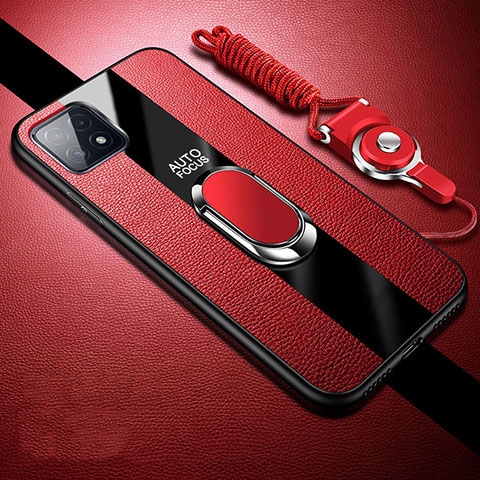 Coque Silicone Gel Motif Cuir Housse Etui avec Support Bague Anneau Aimante Magnetique pour Oppo A53 5G Rouge