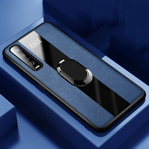 Coque Silicone Gel Motif Cuir Housse Etui avec Support Bague Anneau Aimante Magnetique pour Oppo Find X2 Pro Bleu