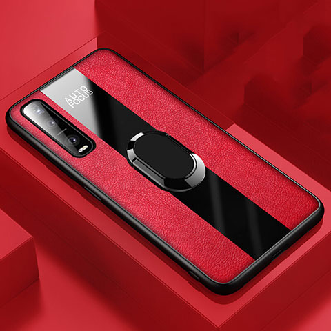 Coque Silicone Gel Motif Cuir Housse Etui avec Support Bague Anneau Aimante Magnetique pour Oppo Find X2 Pro Rouge