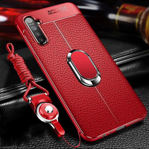 Coque Silicone Gel Motif Cuir Housse Etui avec Support Bague Anneau Aimante Magnetique pour Oppo K5 Rouge