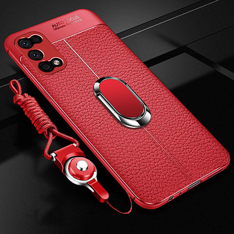 Coque Silicone Gel Motif Cuir Housse Etui avec Support Bague Anneau Aimante Magnetique pour Oppo K7x 5G Rouge