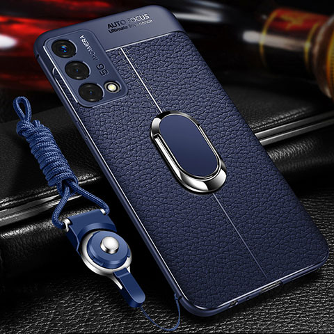 Coque Silicone Gel Motif Cuir Housse Etui avec Support Bague Anneau Aimante Magnetique pour Oppo K9 5G Bleu