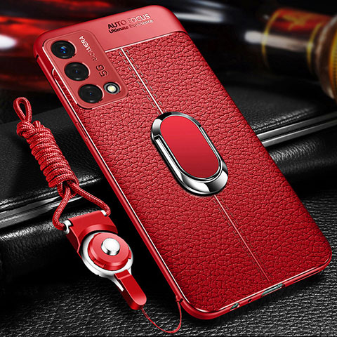 Coque Silicone Gel Motif Cuir Housse Etui avec Support Bague Anneau Aimante Magnetique pour Oppo K9 5G Rouge