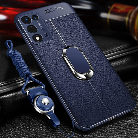 Coque Silicone Gel Motif Cuir Housse Etui avec Support Bague Anneau Aimante Magnetique pour Oppo K9S 5G Bleu