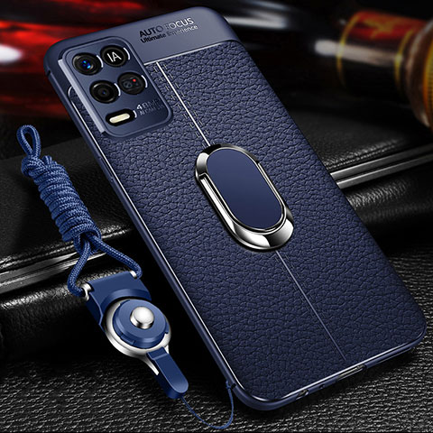 Coque Silicone Gel Motif Cuir Housse Etui avec Support Bague Anneau Aimante Magnetique pour Oppo K9X 5G Bleu