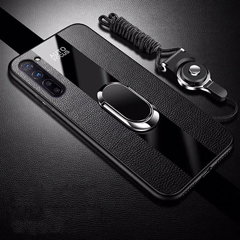 Coque Silicone Gel Motif Cuir Housse Etui avec Support Bague Anneau Aimante Magnetique pour Oppo Reno3 Noir