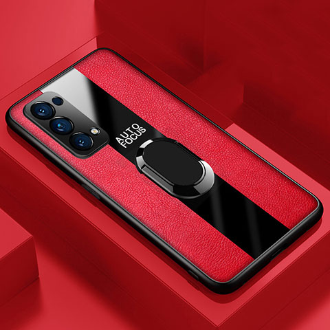 Coque Silicone Gel Motif Cuir Housse Etui avec Support Bague Anneau Aimante Magnetique pour Oppo Reno5 5G Rouge