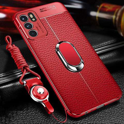 Coque Silicone Gel Motif Cuir Housse Etui avec Support Bague Anneau Aimante Magnetique pour Oppo Reno6 5G Rouge