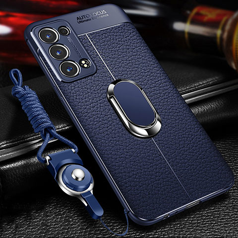 Coque Silicone Gel Motif Cuir Housse Etui avec Support Bague Anneau Aimante Magnetique pour Oppo Reno6 Pro 5G Bleu