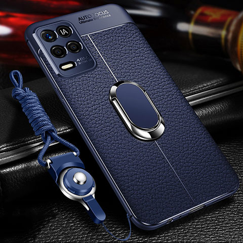 Coque Silicone Gel Motif Cuir Housse Etui avec Support Bague Anneau Aimante Magnetique pour Realme 8 5G Bleu