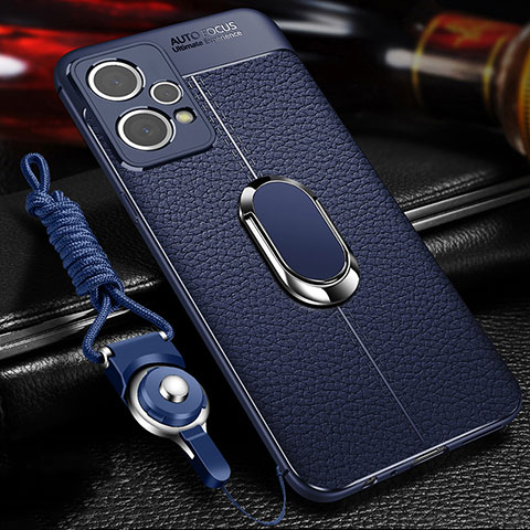 Coque Silicone Gel Motif Cuir Housse Etui avec Support Bague Anneau Aimante Magnetique pour Realme 9 Pro+ Plus 5G Bleu