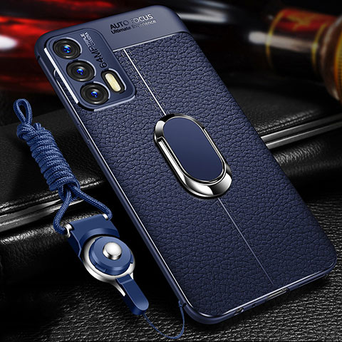 Coque Silicone Gel Motif Cuir Housse Etui avec Support Bague Anneau Aimante Magnetique pour Realme GT Master 5G Bleu