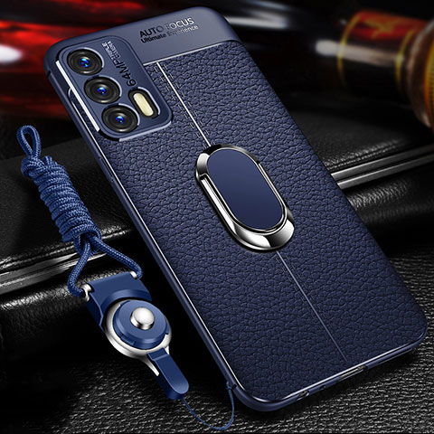 Coque Silicone Gel Motif Cuir Housse Etui avec Support Bague Anneau Aimante Magnetique pour Realme GT Neo 5G Bleu