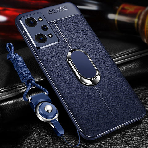 Coque Silicone Gel Motif Cuir Housse Etui avec Support Bague Anneau Aimante Magnetique pour Realme Q5 Pro 5G Bleu