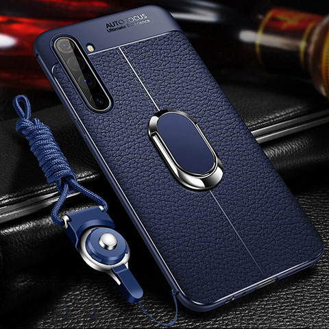 Coque Silicone Gel Motif Cuir Housse Etui avec Support Bague Anneau Aimante Magnetique pour Realme X50 Pro 5G Bleu