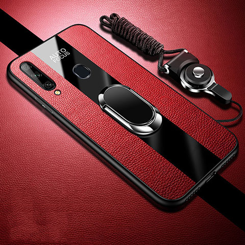 Coque Silicone Gel Motif Cuir Housse Etui avec Support Bague Anneau Aimante Magnetique pour Samsung Galaxy A20s Rouge