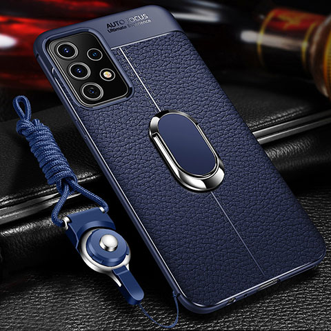 Coque Silicone Gel Motif Cuir Housse Etui avec Support Bague Anneau Aimante Magnetique pour Samsung Galaxy A23 4G Bleu