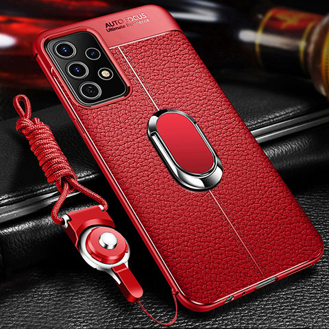 Coque Silicone Gel Motif Cuir Housse Etui avec Support Bague Anneau Aimante Magnetique pour Samsung Galaxy A23 4G Rouge