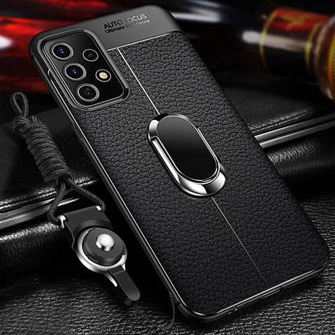 Coque Silicone Gel Motif Cuir Housse Etui avec Support Bague Anneau Aimante Magnetique pour Samsung Galaxy A23 5G Noir